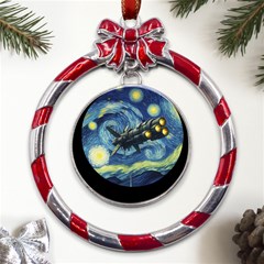 Spaceship Starry Night Van Gogh Painting Metal Red Ribbon Round Ornament