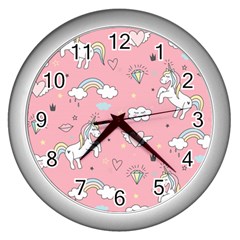 Cute Unicorn Seamless Pattern Wall Clock (silver) by Apen