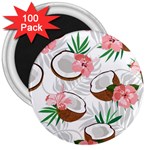 Seamless Pattern Coconut Piece Palm Leaves With Pink Hibiscus 3  Magnets (100 pack) Front