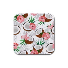 Seamless Pattern Coconut Piece Palm Leaves With Pink Hibiscus Rubber Square Coaster (4 Pack) by Apen