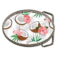 Seamless Pattern Coconut Piece Palm Leaves With Pink Hibiscus Belt Buckles by Apen