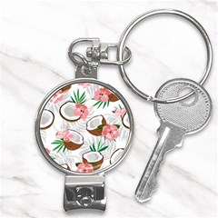 Seamless Pattern Coconut Piece Palm Leaves With Pink Hibiscus Nail Clippers Key Chain by Apen