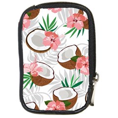 Seamless Pattern Coconut Piece Palm Leaves With Pink Hibiscus Compact Camera Leather Case by Apen