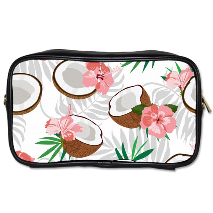 Seamless Pattern Coconut Piece Palm Leaves With Pink Hibiscus Toiletries Bag (One Side)