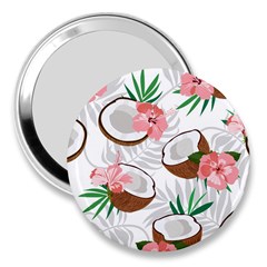 Seamless Pattern Coconut Piece Palm Leaves With Pink Hibiscus 3  Handbag Mirrors by Apen