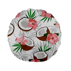 Seamless Pattern Coconut Piece Palm Leaves With Pink Hibiscus Standard 15  Premium Round Cushions by Apen