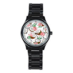 Seamless Pattern Coconut Piece Palm Leaves With Pink Hibiscus Stainless Steel Round Watch by Apen