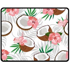 Seamless Pattern Coconut Piece Palm Leaves With Pink Hibiscus Two Sides Fleece Blanket (medium) by Apen