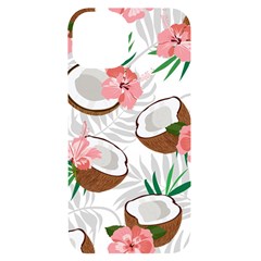 Seamless Pattern Coconut Piece Palm Leaves With Pink Hibiscus Iphone 14 Black Uv Print Case by Apen