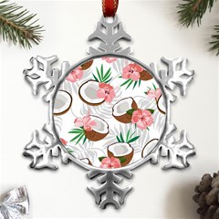 Seamless Pattern Coconut Piece Palm Leaves With Pink Hibiscus Metal Small Snowflake Ornament by Apen