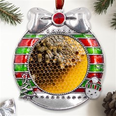 Honeycomb With Bees Metal X mas Ribbon With Red Crystal Round Ornament by Apen