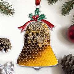 Honeycomb With Bees Metal Holly Leaf Bell Ornament by Apen