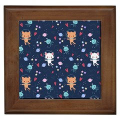 Cute Astronaut Cat With Star Galaxy Elements Seamless Pattern Framed Tile by Apen