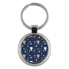 Cute Astronaut Cat With Star Galaxy Elements Seamless Pattern Key Chain (round) by Apen