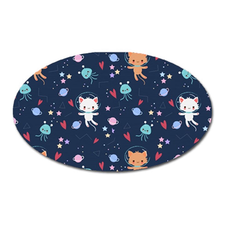 Cute Astronaut Cat With Star Galaxy Elements Seamless Pattern Oval Magnet