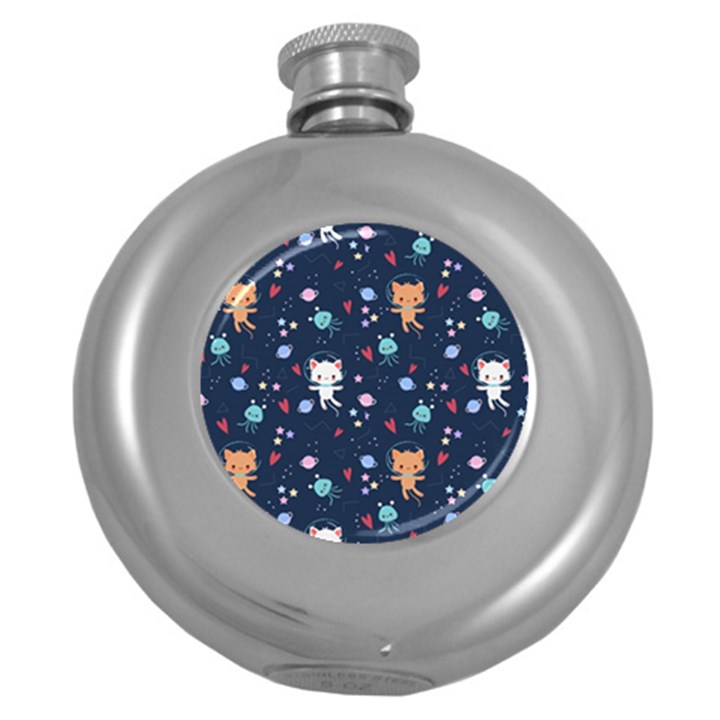 Cute Astronaut Cat With Star Galaxy Elements Seamless Pattern Round Hip Flask (5 oz)