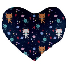 Cute Astronaut Cat With Star Galaxy Elements Seamless Pattern Large 19  Premium Heart Shape Cushions by Apen