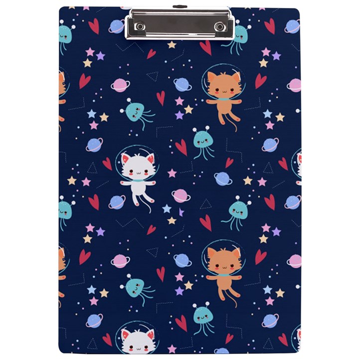 Cute Astronaut Cat With Star Galaxy Elements Seamless Pattern A4 Acrylic Clipboard