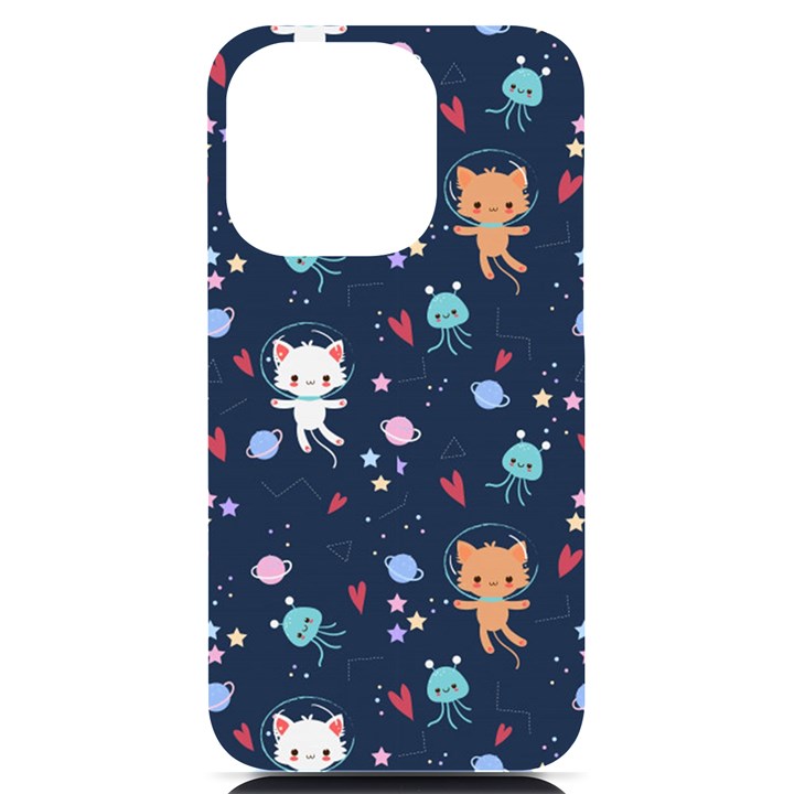 Cute Astronaut Cat With Star Galaxy Elements Seamless Pattern iPhone 14 Pro Black UV Print Case