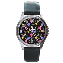 Sea Shells Pattern Wallpaper Fish Round Metal Watch