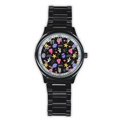 Sea Shells Pattern Wallpaper Fish Stainless Steel Round Watch