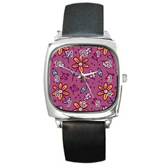 Flowers Petals Leaves Foliage Square Metal Watch by Maspions