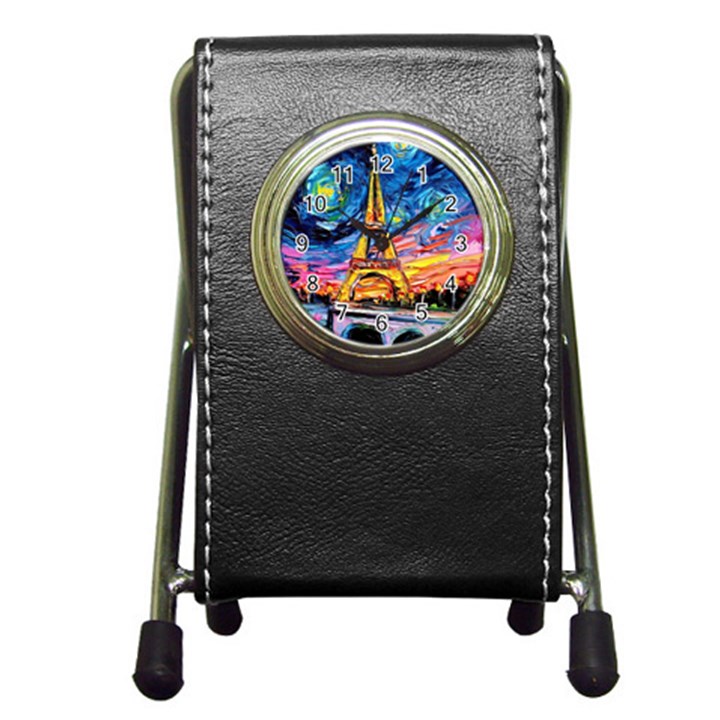 Eiffel Tower Starry Night Print Van Gogh Pen Holder Desk Clock