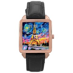 Eiffel Tower Starry Night Print Van Gogh Rose Gold Leather Watch 