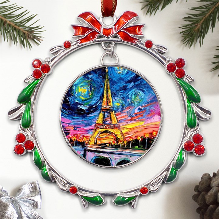 Eiffel Tower Starry Night Print Van Gogh Metal X mas Wreath Ribbon Ornament