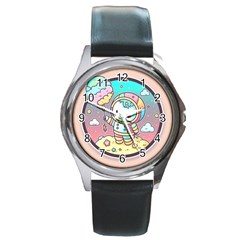 Boy Astronaut Cotton Candy Childhood Fantasy Tale Literature Planet Universe Kawaii Nature Cute Clou Round Metal Watch by Maspions