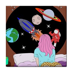 Girl Bed Space Planets Spaceship Rocket Astronaut Galaxy Universe Cosmos Woman Dream Imagination Bed Tile Coaster