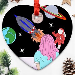 Girl Bed Space Planets Spaceship Rocket Astronaut Galaxy Universe Cosmos Woman Dream Imagination Bed Ornament (heart) by Maspions