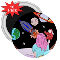 Girl Bed Space Planets Spaceship Rocket Astronaut Galaxy Universe Cosmos Woman Dream Imagination Bed 3  Magnets (10 Pack) 