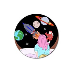 Girl Bed Space Planets Spaceship Rocket Astronaut Galaxy Universe Cosmos Woman Dream Imagination Bed Magnet 3  (round)