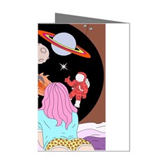 Girl Bed Space Planets Spaceship Rocket Astronaut Galaxy Universe Cosmos Woman Dream Imagination Bed Mini Greeting Cards (pkg Of 8)