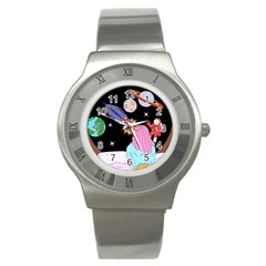 Girl Bed Space Planets Spaceship Rocket Astronaut Galaxy Universe Cosmos Woman Dream Imagination Bed Stainless Steel Watch