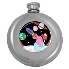 Girl Bed Space Planets Spaceship Rocket Astronaut Galaxy Universe Cosmos Woman Dream Imagination Bed Round Hip Flask (5 Oz)