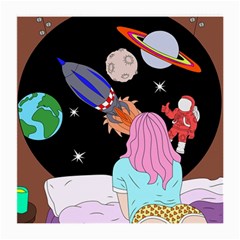 Girl Bed Space Planets Spaceship Rocket Astronaut Galaxy Universe Cosmos Woman Dream Imagination Bed Medium Glasses Cloth