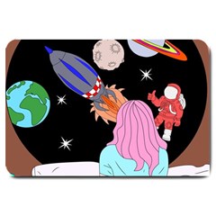 Girl Bed Space Planets Spaceship Rocket Astronaut Galaxy Universe Cosmos Woman Dream Imagination Bed Large Doormat by Maspions