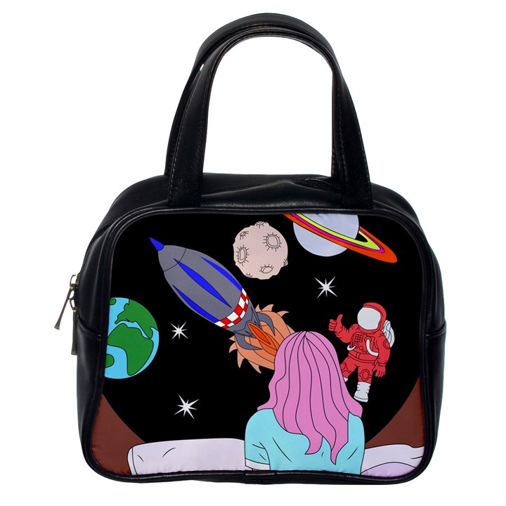 Girl Bed Space Planets Spaceship Rocket Astronaut Galaxy Universe Cosmos Woman Dream Imagination Bed Classic Handbag (One Side)