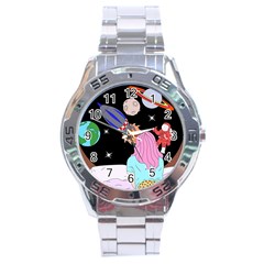 Girl Bed Space Planets Spaceship Rocket Astronaut Galaxy Universe Cosmos Woman Dream Imagination Bed Stainless Steel Analogue Watch by Maspions