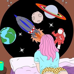 Girl Bed Space Planets Spaceship Rocket Astronaut Galaxy Universe Cosmos Woman Dream Imagination Bed Play Mat (square) by Maspions