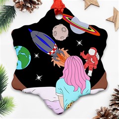 Girl Bed Space Planets Spaceship Rocket Astronaut Galaxy Universe Cosmos Woman Dream Imagination Bed Ornament (snowflake)