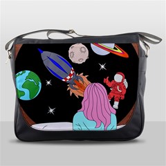 Girl Bed Space Planets Spaceship Rocket Astronaut Galaxy Universe Cosmos Woman Dream Imagination Bed Messenger Bag by Maspions