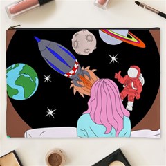 Girl Bed Space Planets Spaceship Rocket Astronaut Galaxy Universe Cosmos Woman Dream Imagination Bed Cosmetic Bag (xxxl) by Maspions