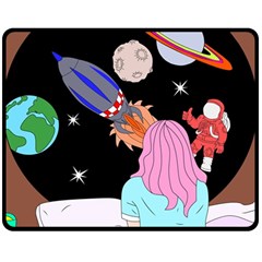 Girl Bed Space Planets Spaceship Rocket Astronaut Galaxy Universe Cosmos Woman Dream Imagination Bed Two Sides Fleece Blanket (medium) by Maspions