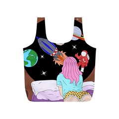 Girl Bed Space Planets Spaceship Rocket Astronaut Galaxy Universe Cosmos Woman Dream Imagination Bed Full Print Recycle Bag (s) by Maspions