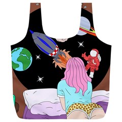 Girl Bed Space Planets Spaceship Rocket Astronaut Galaxy Universe Cosmos Woman Dream Imagination Bed Full Print Recycle Bag (xl) by Maspions