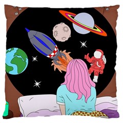 Girl Bed Space Planets Spaceship Rocket Astronaut Galaxy Universe Cosmos Woman Dream Imagination Bed Large Premium Plush Fleece Cushion Case (two Sides) by Maspions