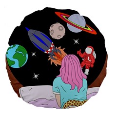 Girl Bed Space Planets Spaceship Rocket Astronaut Galaxy Universe Cosmos Woman Dream Imagination Bed Large 18  Premium Flano Round Cushions